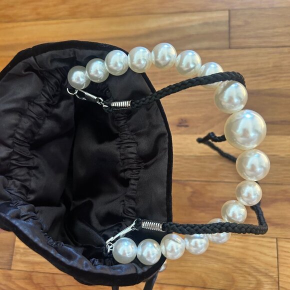 Black Velvet Drawstring Mini Purse With Pearl Handle & Satin Ribbon Accents - Picture 6 of 8